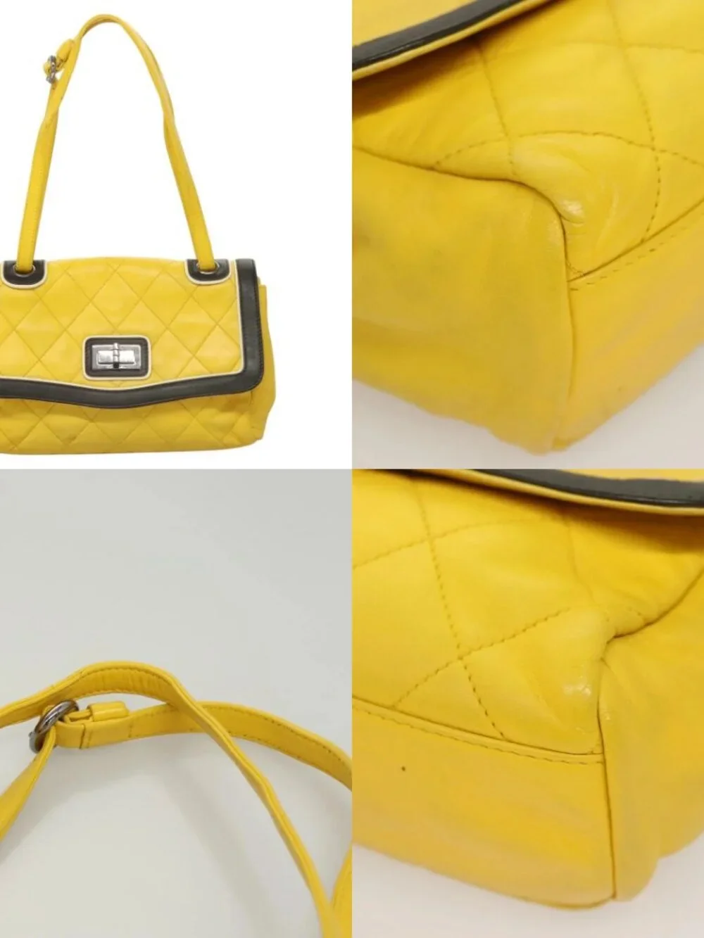 CHANEL Matelasse 2.55 Shoulder Bag Lamb Skin Yellow Silver CC Auth bs25489